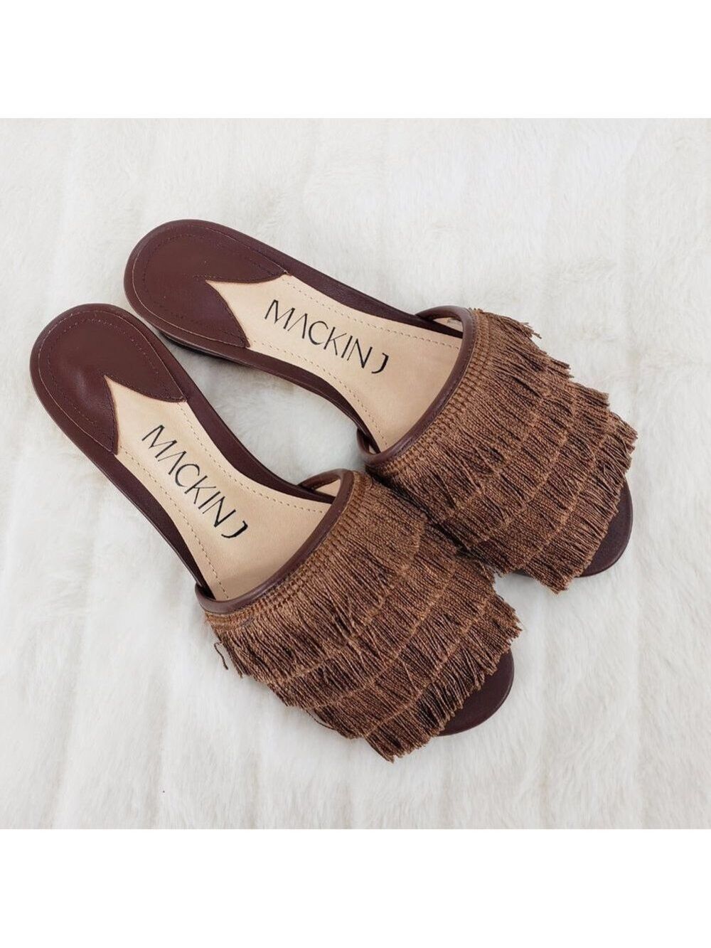 Brown fringe slip on mule clog flats
